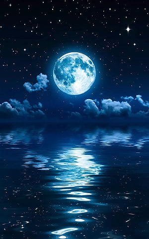 Luminous Full Moon Reflecting on Calm Ocean Under Starry Night Sky HD phone wallpaper