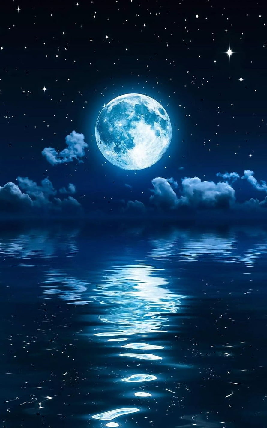 Luminous Full Moon Reflecting on Calm Ocean Under Starry Night Sky HD phone wallpaper