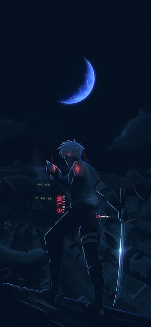 Hatake Kakashi in ANBU Gear Holding a Katana Under a Glowing Blue Crescent Moon HD phone wallpaper