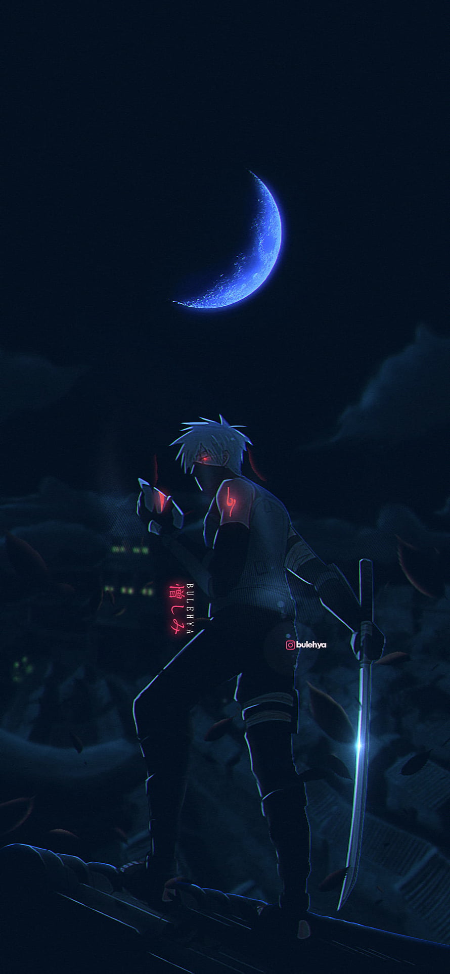 Hatake Kakashi in ANBU Gear Holding a Katana Under a Glowing Blue Crescent Moon HD phone wallpaper