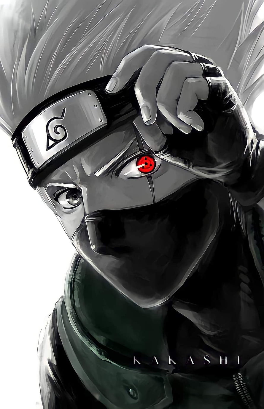 Kakashi Hatake Sharingan Eye Reveal in Dramatic Black and White Anime Art HD phone wallpaper