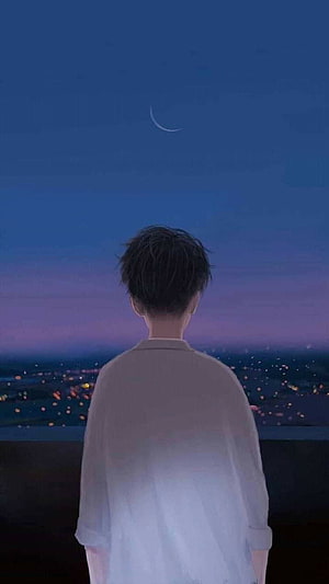 Anime Boy Gazing at Crescent Moon Over City Lights at Dusk HD phone wallpaper