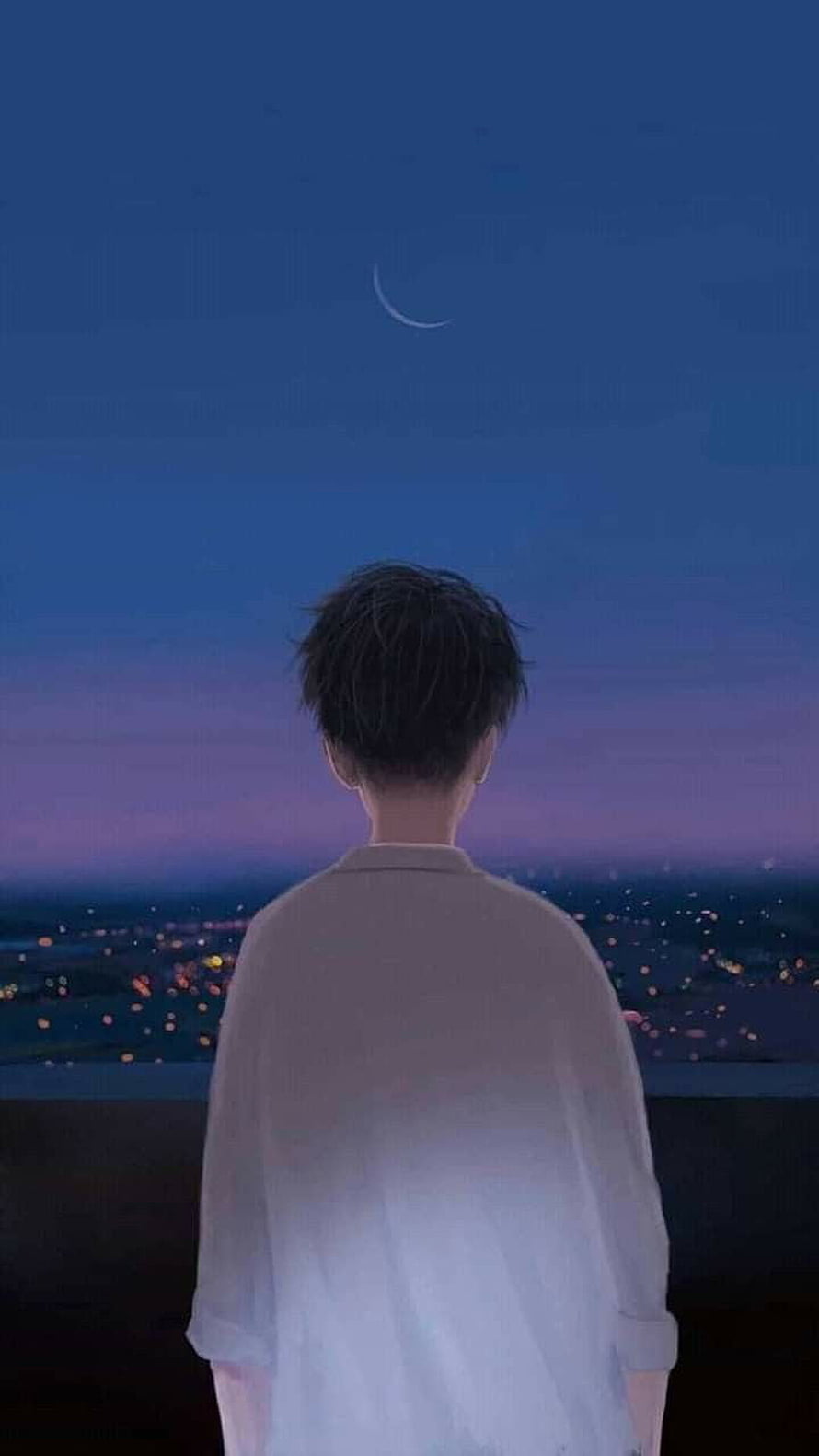Anime Boy Gazing at Crescent Moon Over City Lights at Dusk HD phone wallpaper