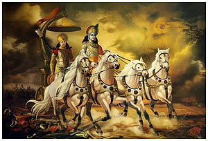 Lord Krishna and Arjuna on the Chariot of the Mahabharata Epic Battle HD wallpaper