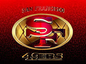 San Francisco 49ers Team Logo on Red and Gold Football Themed Background HD wallpaper