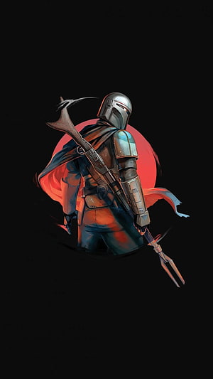 The Mandalorian Beskar Armor and Rifle Digital Art with Red Moon Backdrop HD phone wallpaper