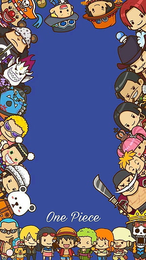 One Piece Chibi Character Border Wallpaper with Straw Hat Crew and Villains on Blue Background HD phone wallpaper