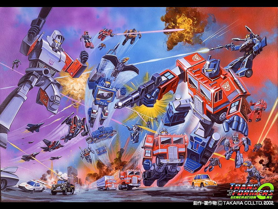 Transformers G1 Generation One Battle Scene with Optimus Prime and Megatron HD wallpaper