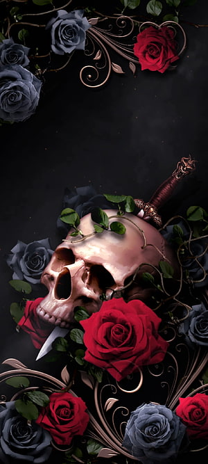 Gothic Skull and Roses with Dagger on Black Background HD phone wallpaper