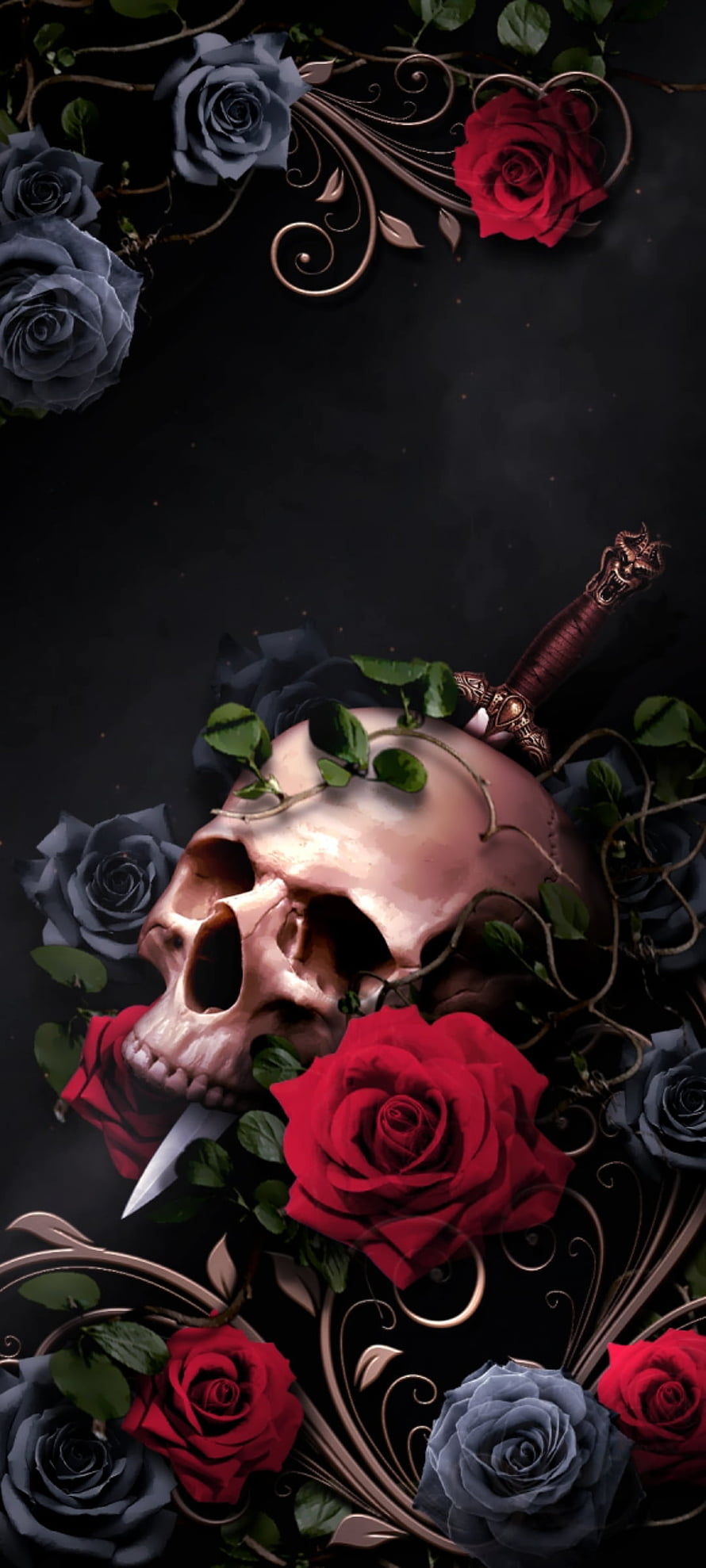 Gothic Skull and Roses with Dagger on Black Background HD phone wallpaper
