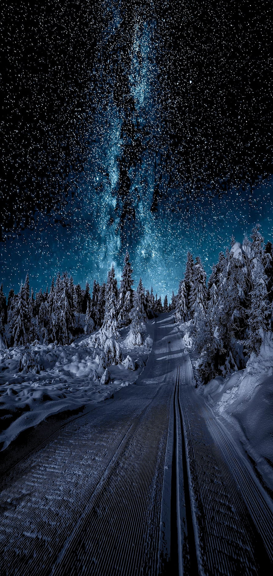 Snow-Covered Forest Road Under the Milky Way in Gausdal, Norway HD phone wallpaper