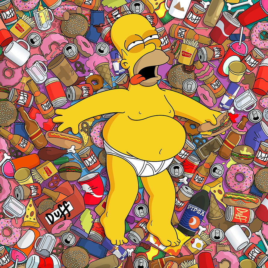 Homer Simpson in Underwear Surrounded by Junk Food and Duff Beer Cans HD phone wallpaper