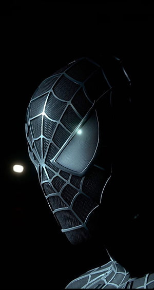 Spider-Man Black Suit Close-Up with Glowing Eyes and Web Pattern in Dark Cinematic Lighting HD phone wallpaper