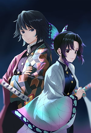 Kochou Shinobu and Tomioka Giyuu from Demon Slayer in Butterfly Motif Kimono HD phone wallpaper
