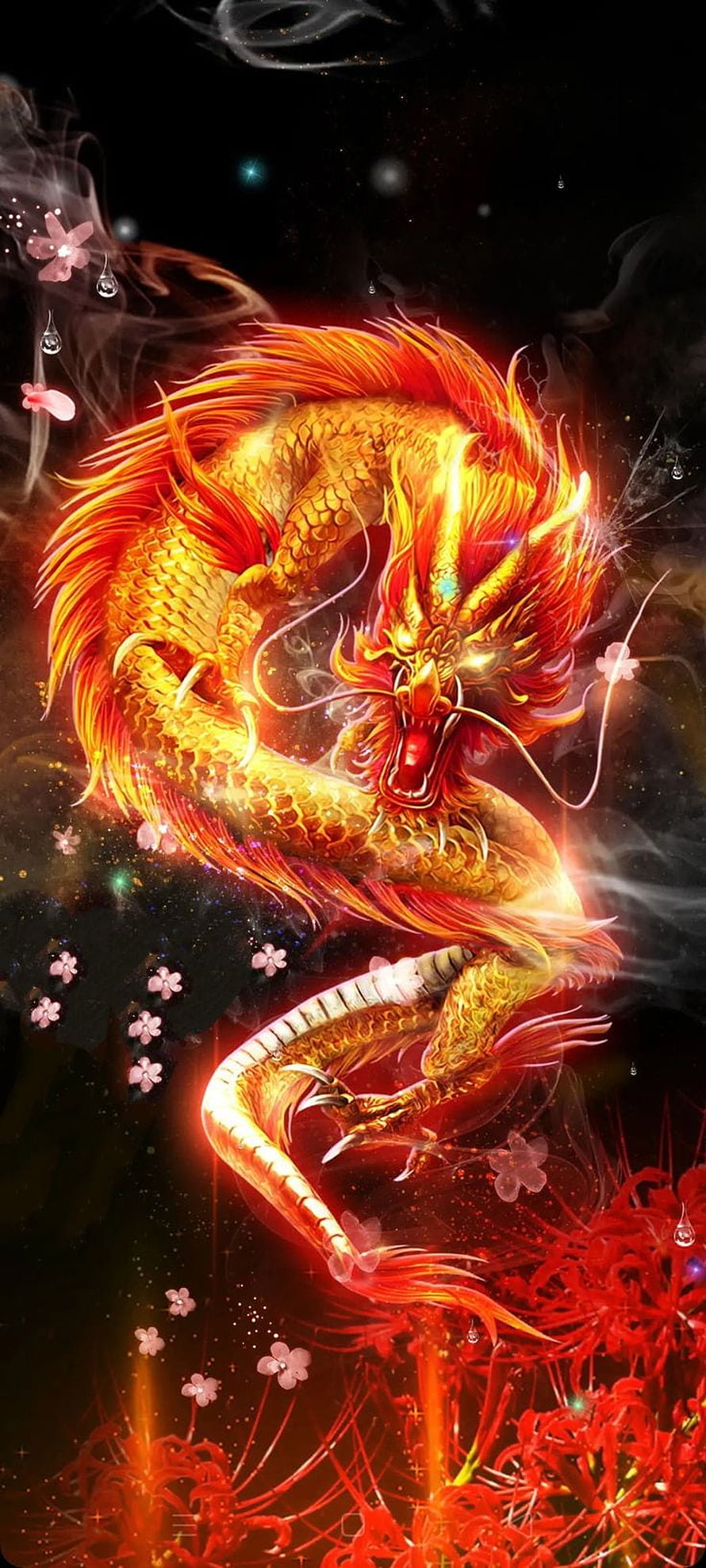 Fiery Golden Dragon Coiled Above Red Spider Lilies in Dark Fantasy Art HD phone wallpaper