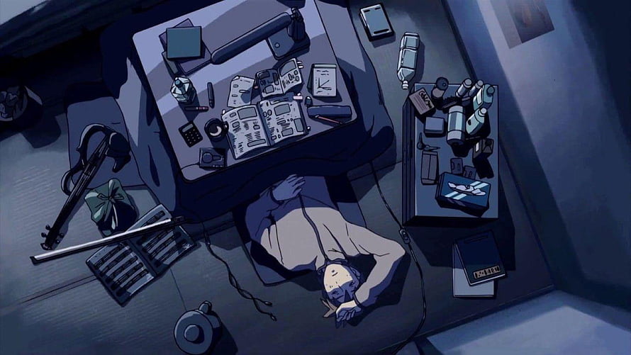 Anime Noir Scene of a Figure Collapsed on the Floor Beside a Cluttered Desk and Weapons HD wallpaper