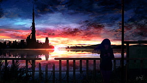 Anime Girl Silhouette Watching a Vibrant Sunset Over a Futuristic City Skyline HD wallpaper