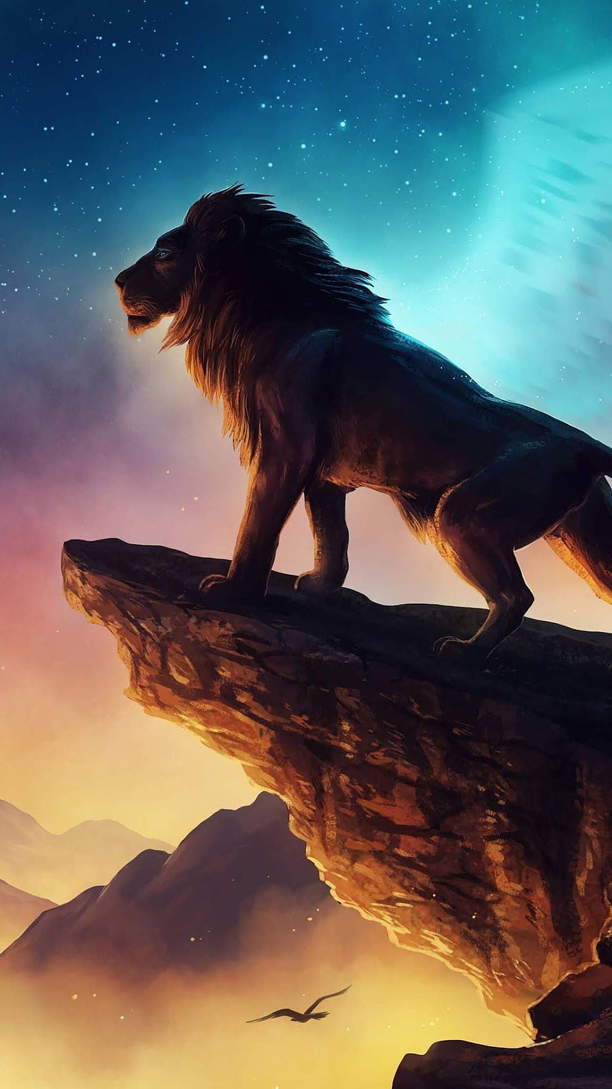 The Lion King Mufasa Standing on Pride Rock Under a Starry Night Sky HD phone wallpaper