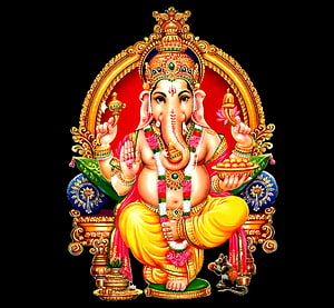 Lord Ganesha Seated on Ornate Golden Throne with Mouse Vahana and Traditional Offerings HD wallpaper