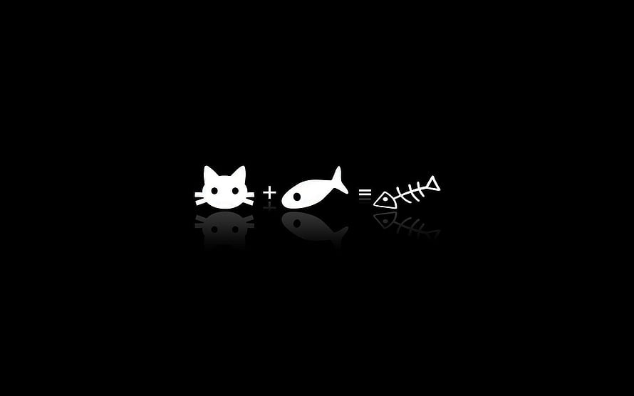 Minimalist Cat and Fish Bone Equation Icon on Black Background HD wallpaper