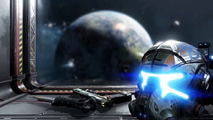 Titanfall 2 Pilot Helmet with Glowing Visor and Weapons on a Spaceship Console HD wallpaper