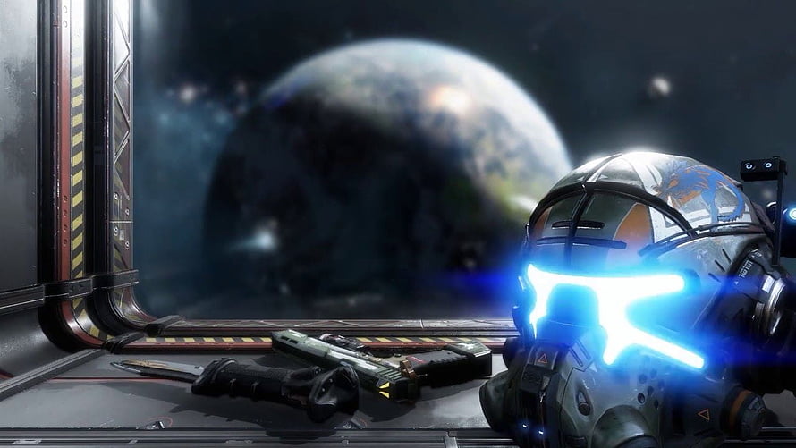 Titanfall 2 Pilot Helmet with Glowing Visor and Weapons on a Spaceship Console HD wallpaper