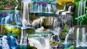 Tropical Waterfall Collage with Lush Greenery and Vibrant Purple Flowers HD wallpaper