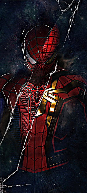 Spider-Man Iron Spider Armor with Golden Emblem Against Dark Cosmic Background, Spiderman suit, Nwh HD phone wallpaper