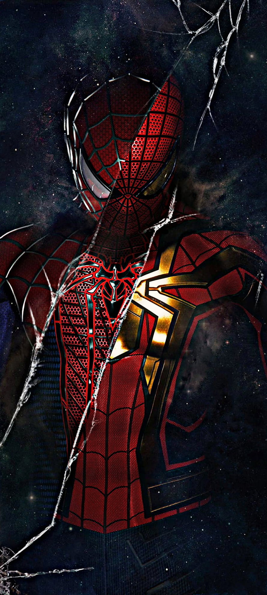 Spider-Man Iron Spider Armor with Golden Emblem Against Dark Cosmic Background, Spiderman suit, Nwh HD phone wallpaper