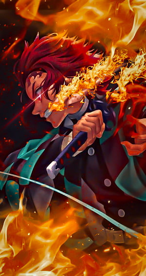 Rengoku Kyojuro from Demon Slayer Wielding a Flame-Enshrouded Katana in Dynamic Anime Art HD phone wallpaper