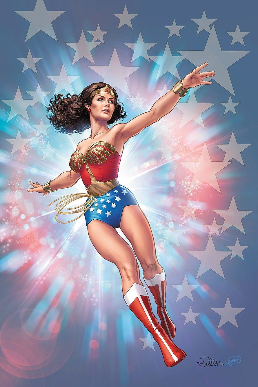 Wonder Woman Flying Heroic Pose with Starburst Background and Golden Lasso HD phone wallpaper