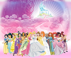 Disney Princess Group Portrait in a Dreamy Pink Fantasy Landscape with a Glowing Castle HD wallpaper