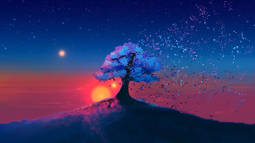 Lone Tree on Hilltop at Sunset with Scattered Leaves and Starry Night Sky HD wallpaper