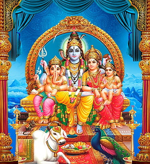 Lord Shiva Family Deity Painting with Ganesha, Parvati, and Nandi in Traditional Indian Style HD phone wallpaper