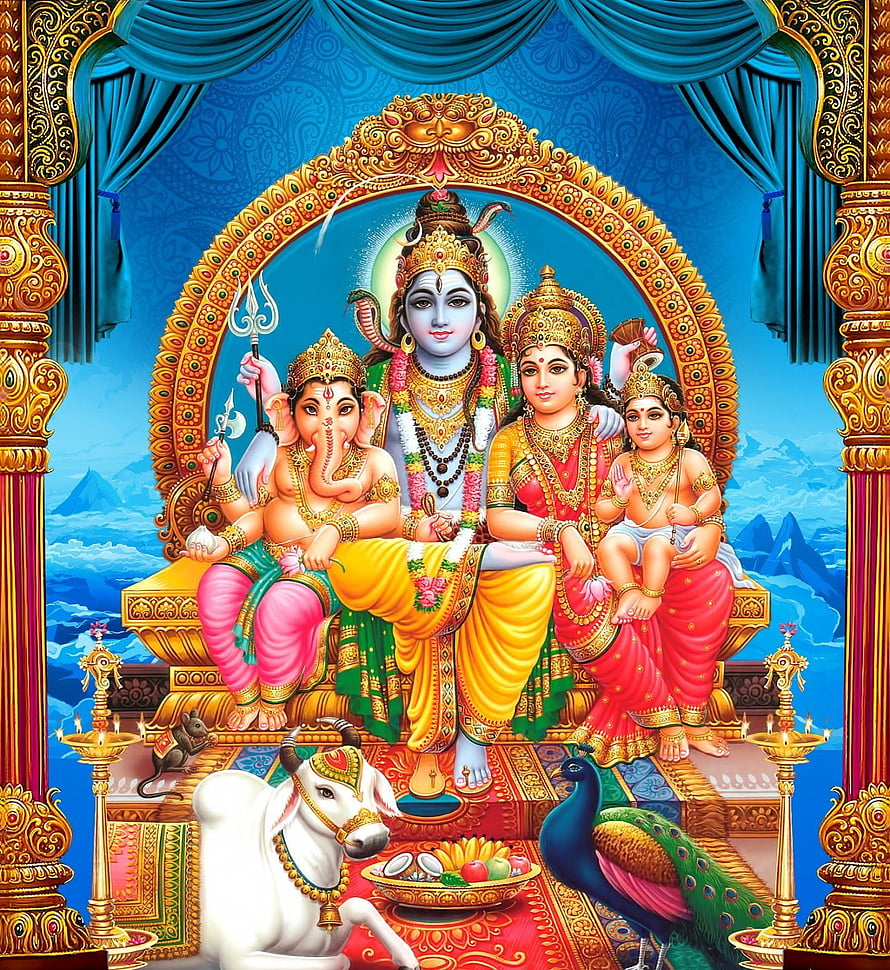 Lord Shiva Family Deity Painting with Ganesha, Parvati, and Nandi in Traditional Indian Style HD phone wallpaper