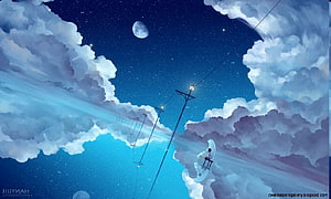 Dreamy Night Sky with Moon, Stars, and Clouds in Anime Illustration Style HD wallpaper
