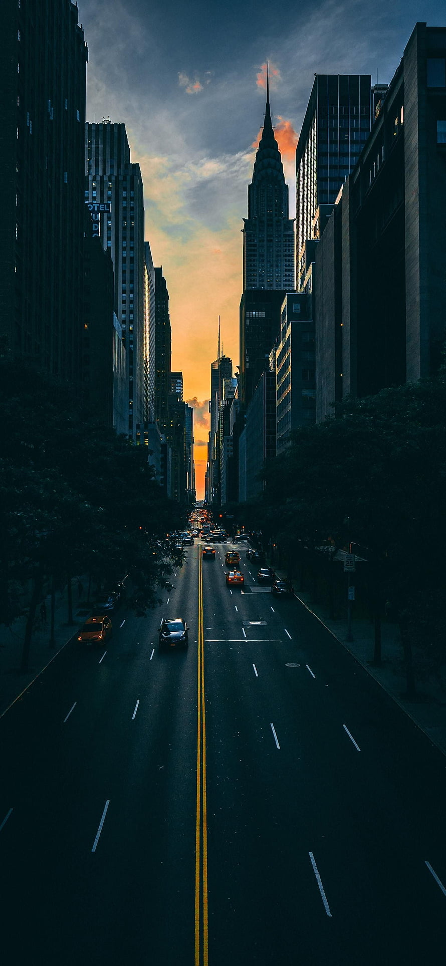 New York City Avenue at Sunset with Chrysler Building Silhouette HD phone wallpaper