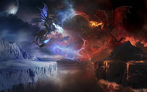 Epic Fantasy Battle: Ice Dragon Versus Fire Dragon Over Frozen and Volcanic Landscapes HD wallpaper