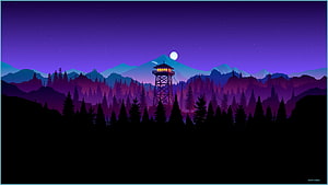 Firewatch Nighttime Forest Scene With Watchtower And Moonlit Mountain Range HD wallpaper