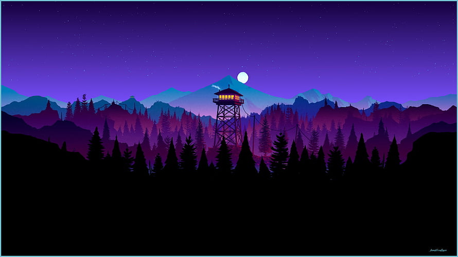 Firewatch Nighttime Forest Scene With Watchtower And Moonlit Mountain Range HD wallpaper