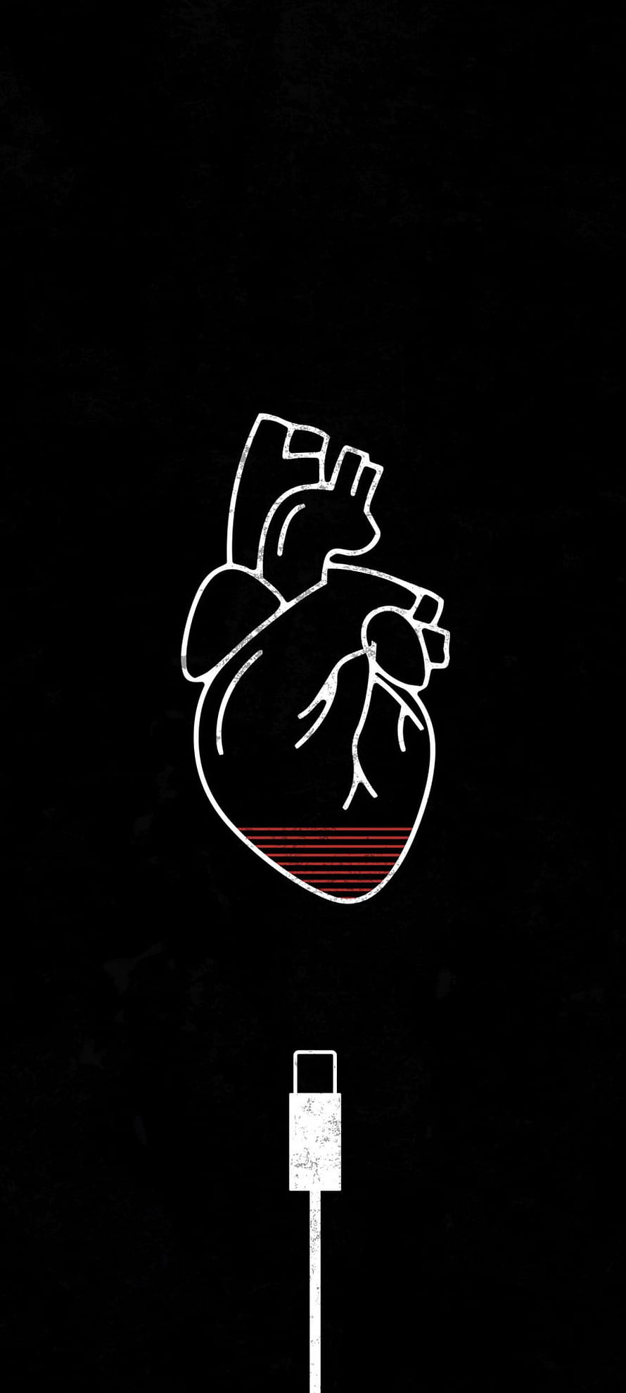 Minimalist Line Art of a Human Heart Connected to a Charging Cable on Black Background HD phone wallpaper