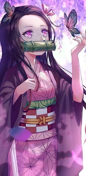 Nezuko Kamado from Demon Slayer in Pink Kimono with Bamboo Cuff and Butterfly HD phone wallpaper