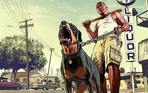 Grand Theft Auto V Artwork of Franklin and Chop in a Suburban Neighborhood HD wallpaper