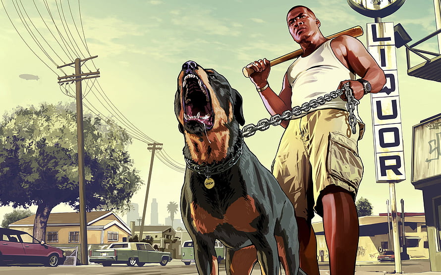 Grand Theft Auto V Artwork of Franklin and Chop in a Suburban Neighborhood HD wallpaper