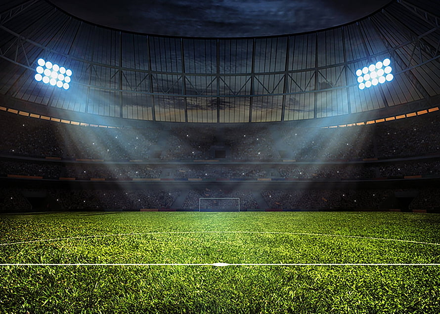 Dramatic Night Football Stadium With Bright Floodlights And Green Pitch HD wallpaper
