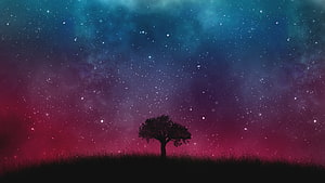 Lone Tree Silhouette Against a Vibrant Starry Night Sky with Nebula Clouds HD wallpaper