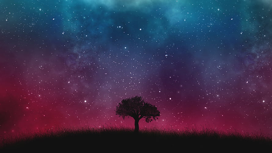 Lone Tree Silhouette Against a Vibrant Starry Night Sky with Nebula Clouds HD wallpaper