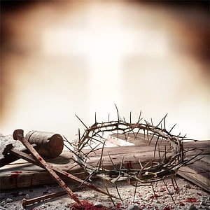 Crown of Thorns and Nails on Wooden Planks with Blood Stains HD phone wallpaper
