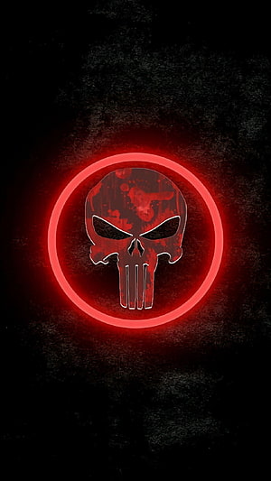 Glowing Red Punisher Skull Emblem on Dark Grunge Background HD phone wallpaper