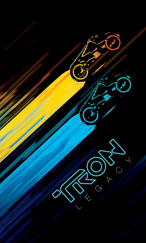 Tron Legacy Neon Motorcycle Riders with Speed Trails on Black Background HD phone wallpaper